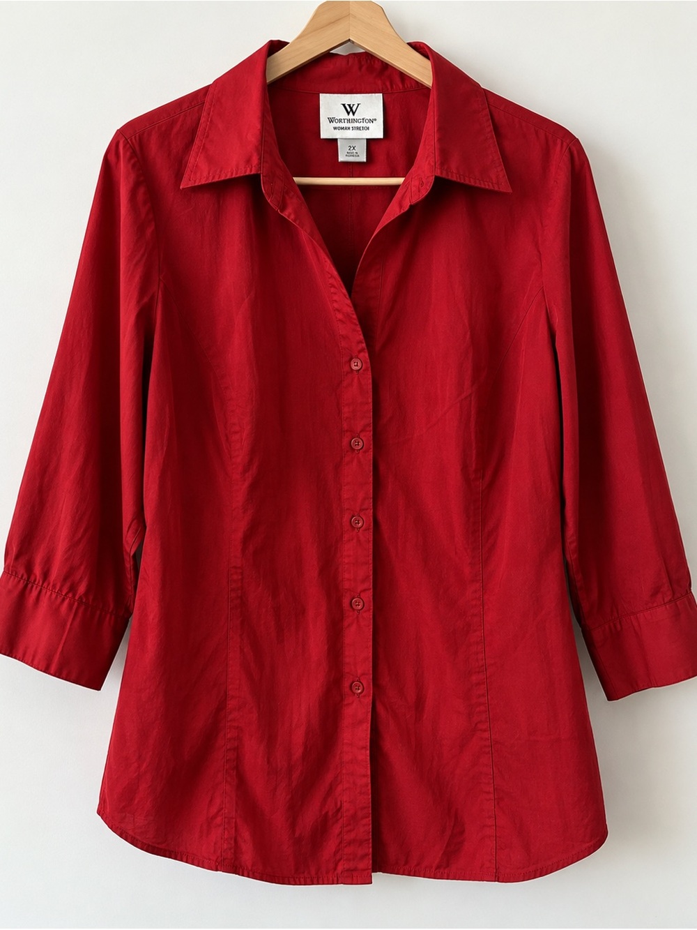 Worthington Woman Stretch Deep Red Button-Front Blouse Size 2X Classic Career To